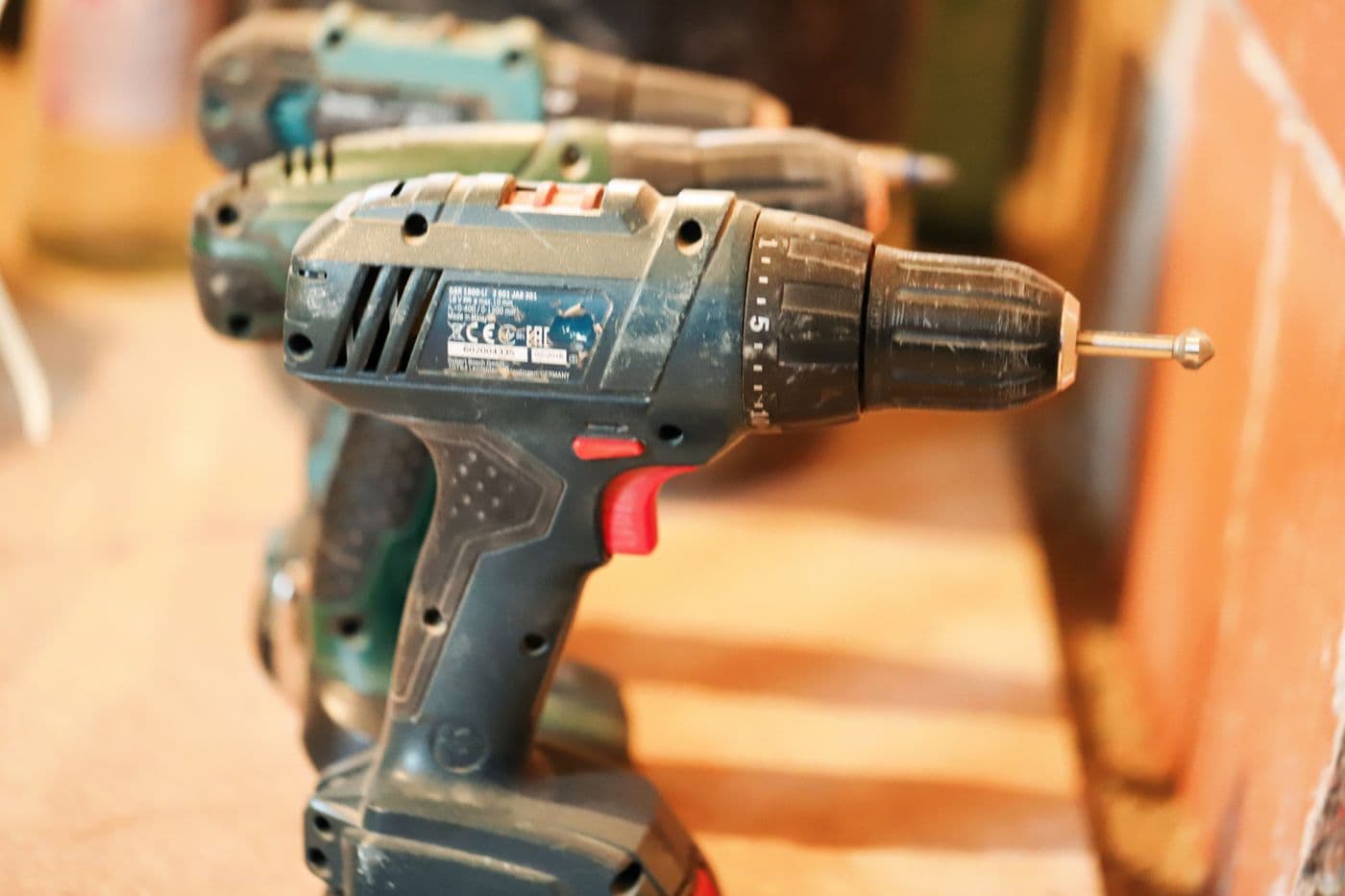 Cordless drill kit on a workbench